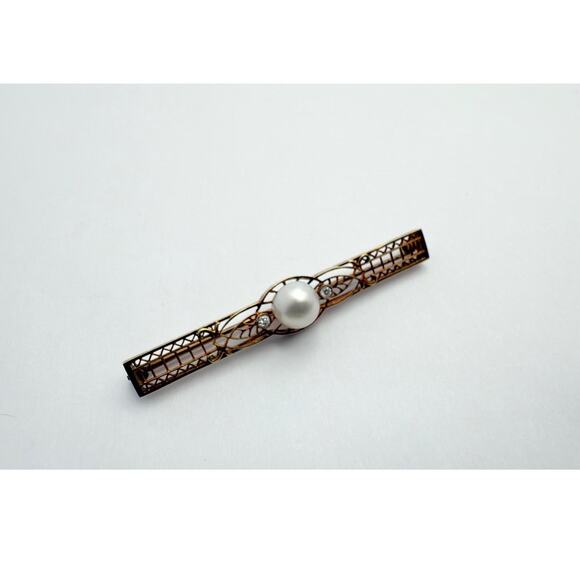 Antique Art Deco 14K Gold Filigree Bar Pin Brooch with Pearl & Diamonds c. 1920s - Picture 4 of 10